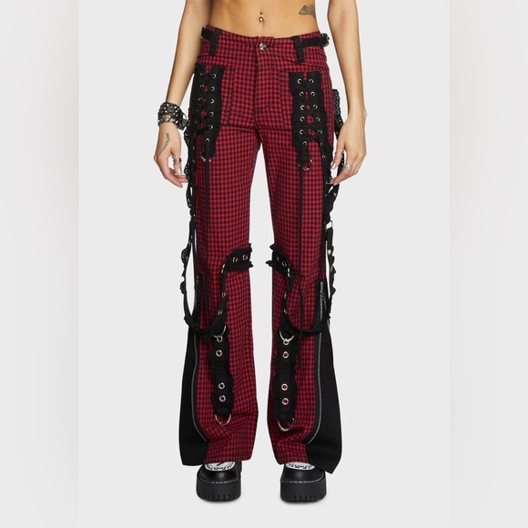 NWT Tripp NYC Red Black Plaid Bondage Pants 25 Grommet Lace Up Goth Punk Grunge - Picture 1 of 11